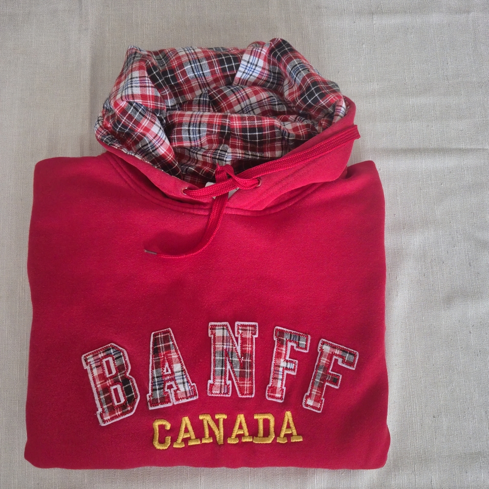 Vintage Banff Canada Red Plaid Applique Hoodie - XL, Retro Y2K - Picture 3 of 17